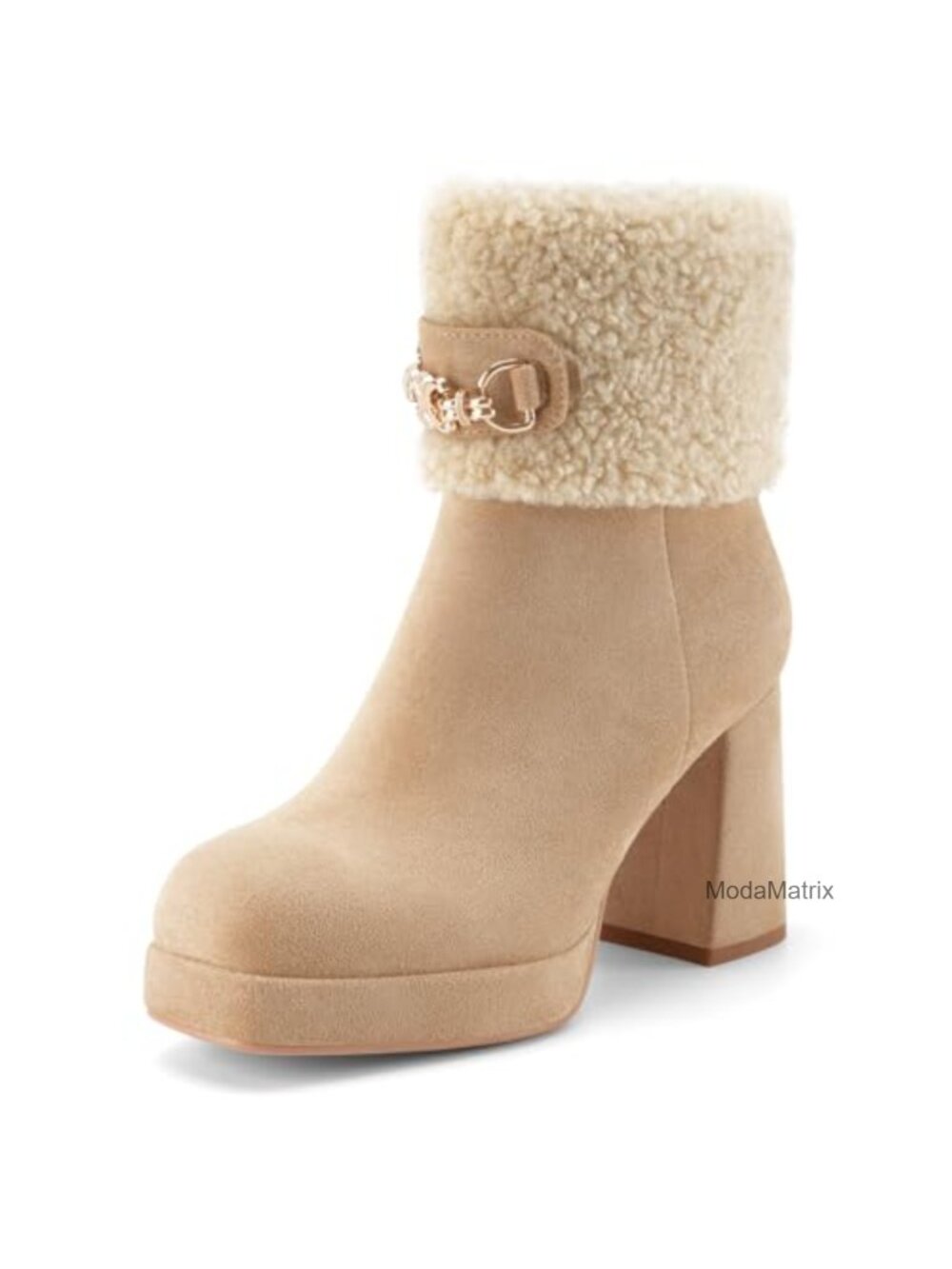 Platform Chunky Heel Faux Shearling Ankle Boots Square Toe Suede Booties